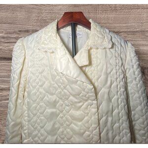 Christian Dior Quilted Ivory Satin Vtg Bed Jacket Lace Collar Cuffs Luxury